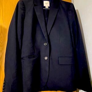 Ladies J. Crew suit jacket with skirt. Dark blue with thin pin stripes  Size 6